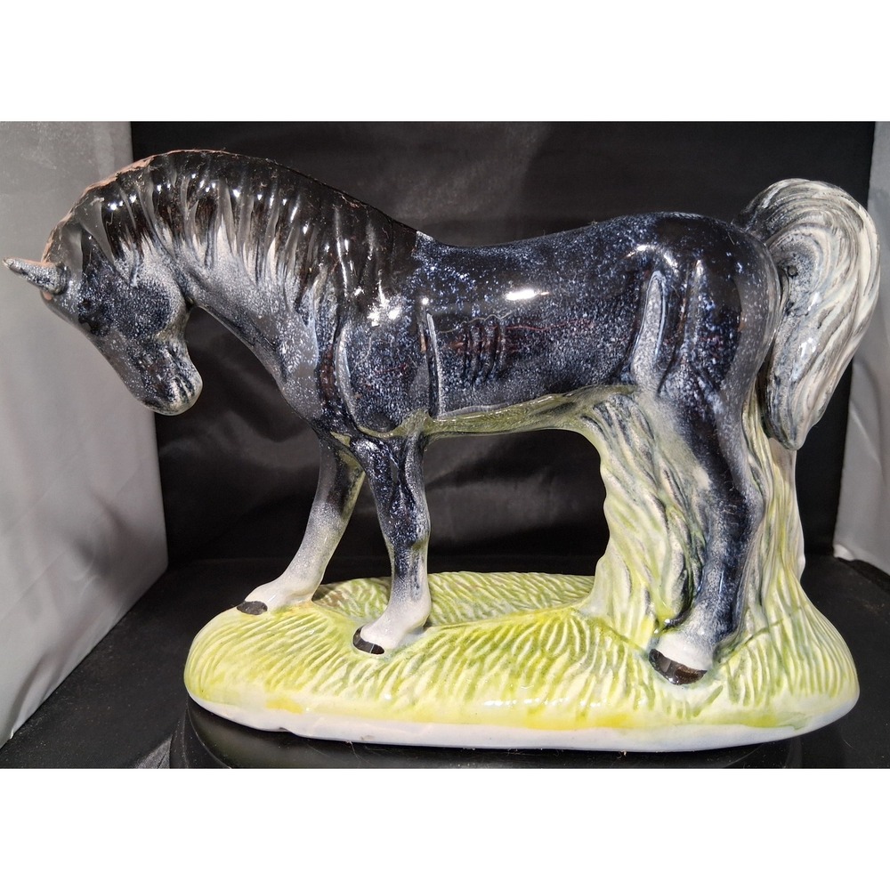 Vintage Hecho en Mexico Ceramic Horse Figurine Black Glazed Pottery Statue 10in